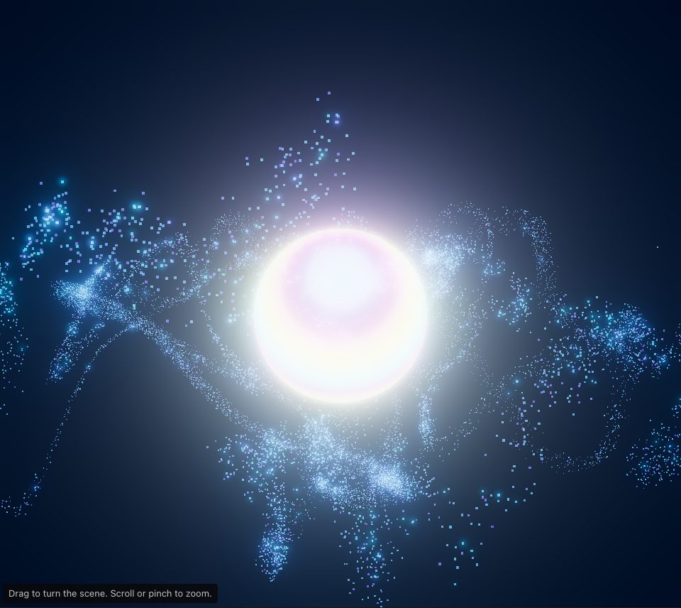 A rainbow-sheened sphere glowing inside a spiral of violet and cyan points on a deep blue ground