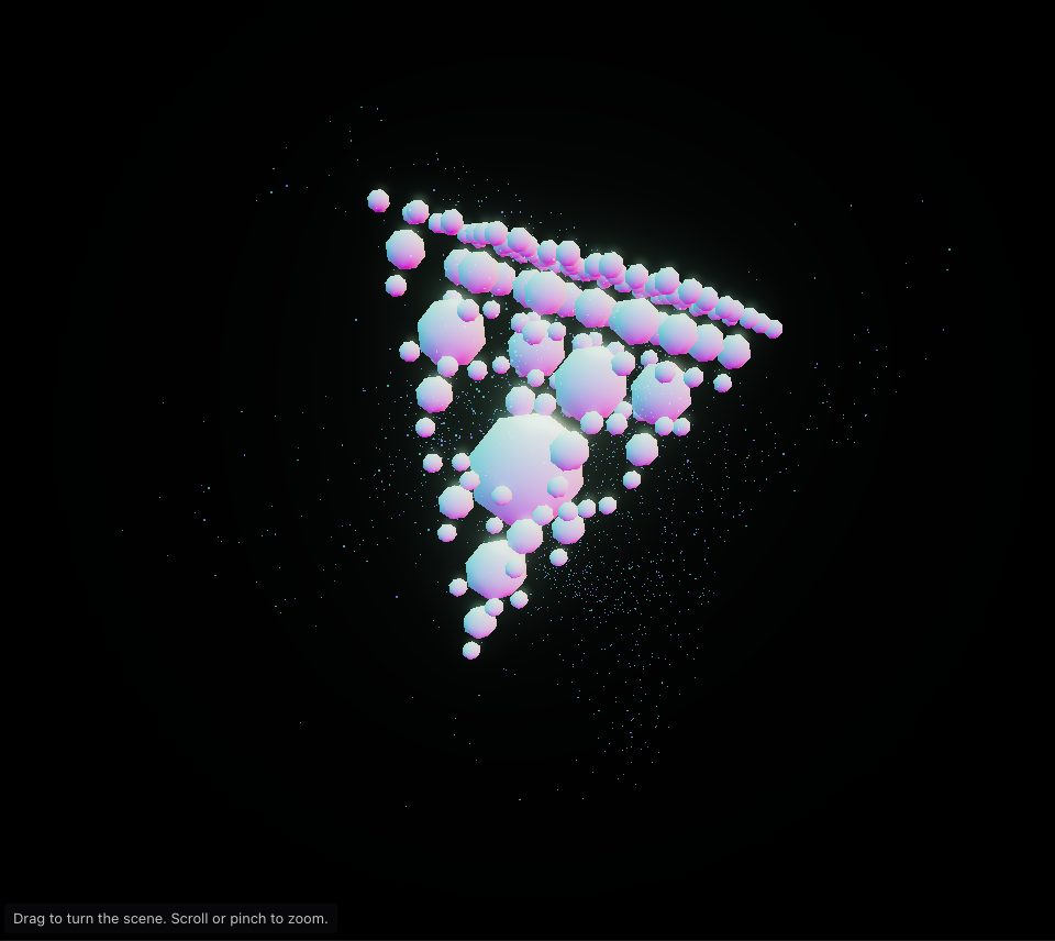 A branching tree of small faceted shapes shaded pink, lilac and pale blue, on a dark ground
