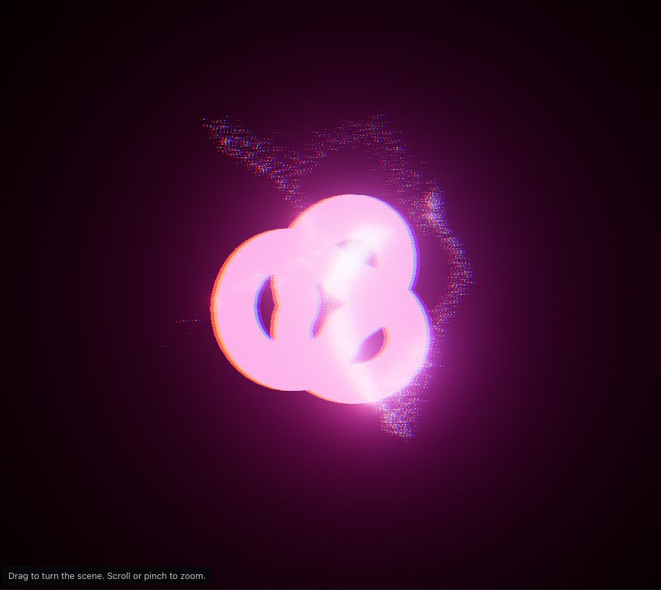 A glowing pink knotted tube inside a looping cloud of cyan and pink points, with faint scanlines