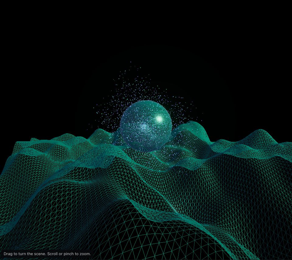 Green wireframe hills fading into a dark fog under a floating wireframe sphere and a cloud of violet points