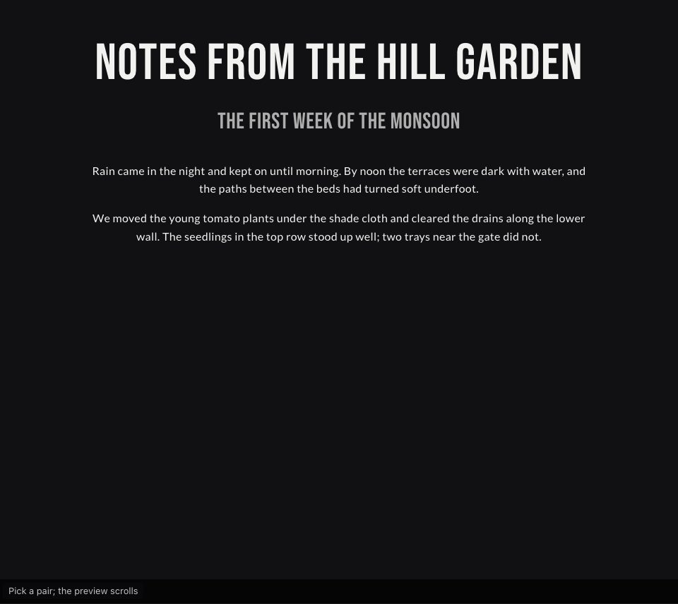 A large all-capitals title, NOTES FROM THE HILL GARDEN, over sans paragraphs on a dark ground