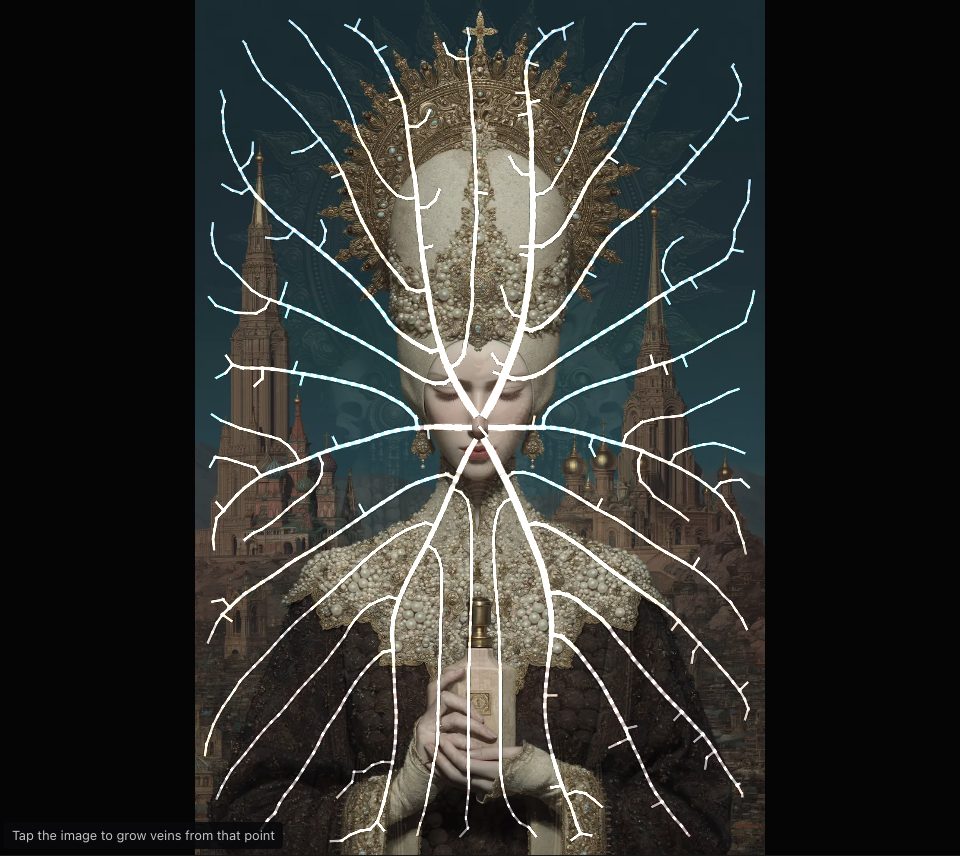 Bright white veins spreading from the centre over a pearl-crowned figure before tall spires