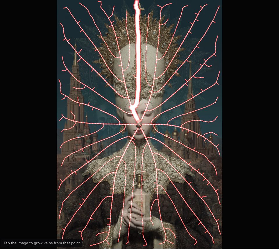 Thin crimson veins fanning out from the centre over a pearl-crowned figure before spires, one bright streak running up from it