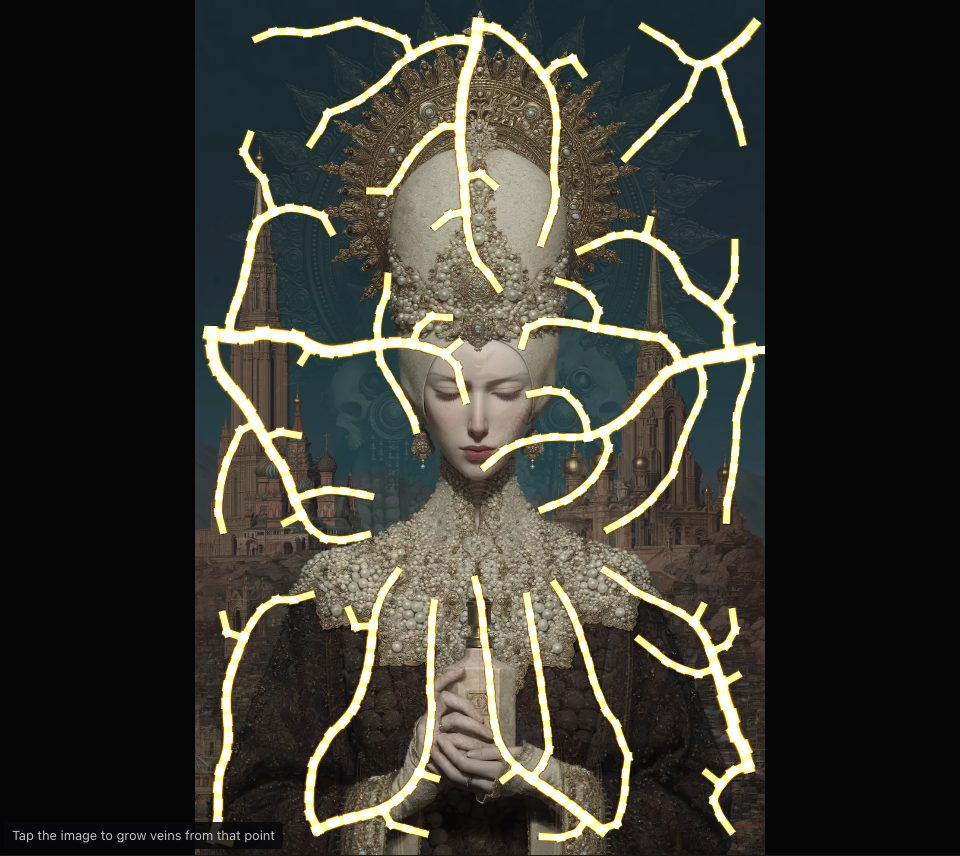 Thick, glowing gold lines winding over a pearl-crowned figure before spires