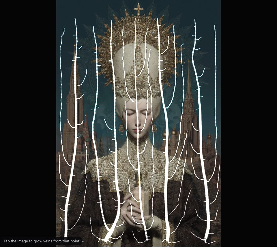 Thick white trunks rising from the bottom edge over a pearl-crowned figure before spires