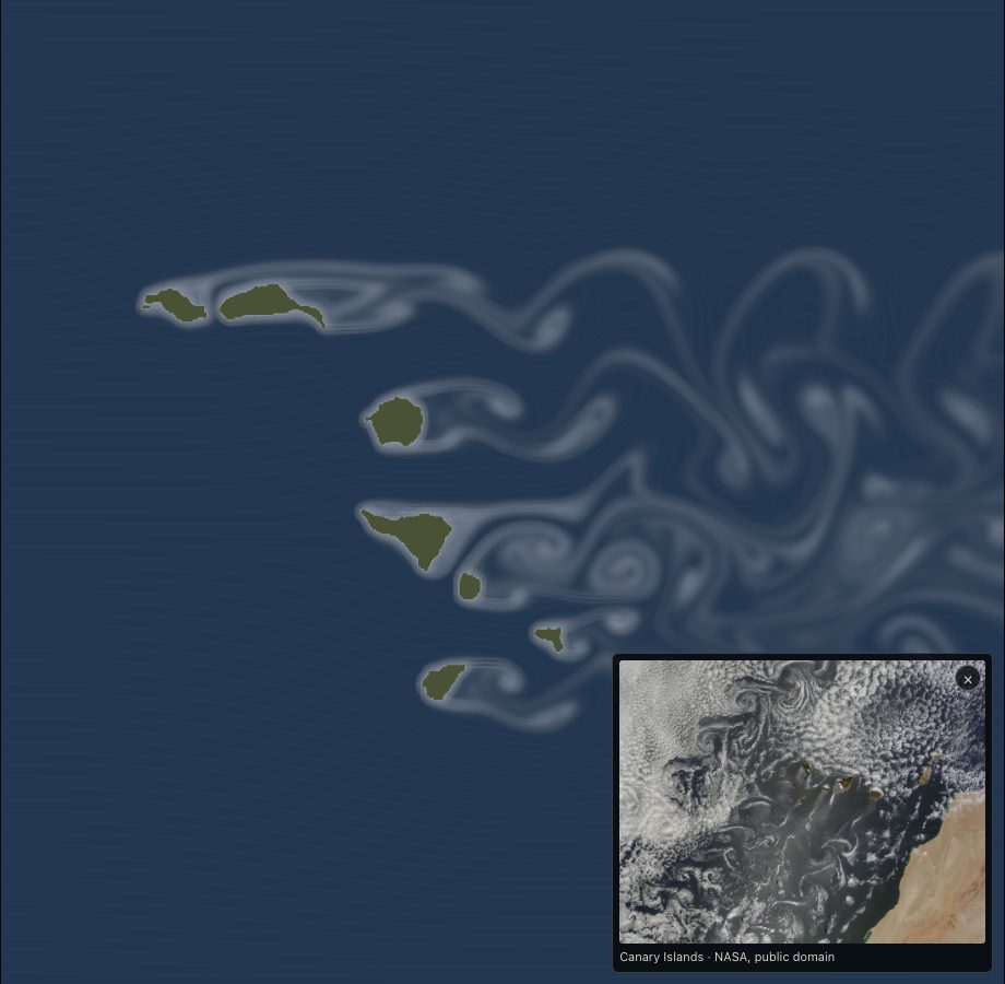 The wake behind Canary Islands as Wind Tunnel draws it, the NASA photo of the real one laid over the lower right corner
