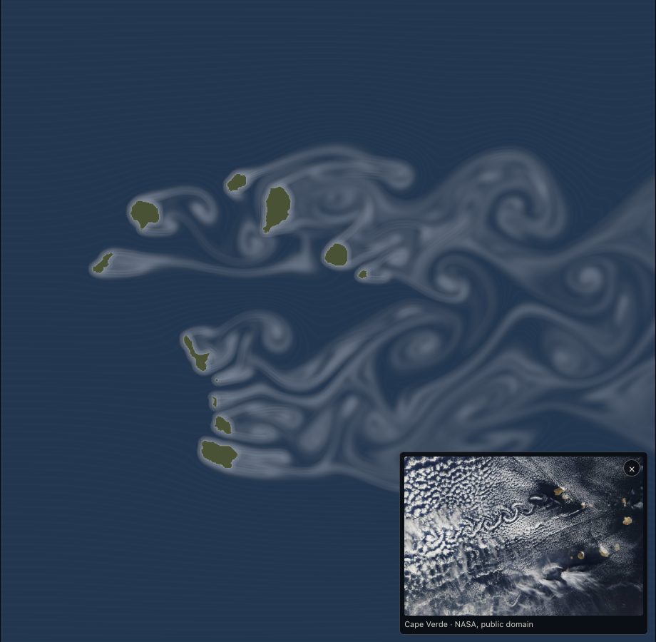 The wake behind Cape Verde as Wind Tunnel draws it, the NASA photo of the real one laid over the lower right corner