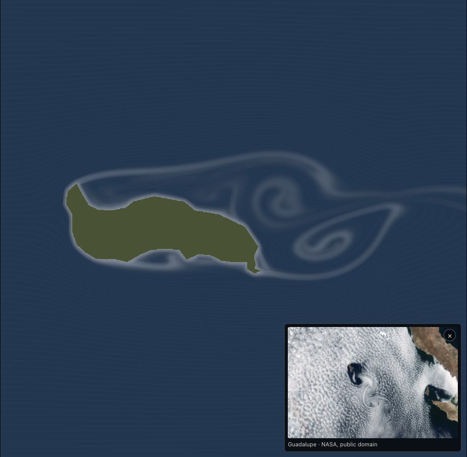 The wake behind Guadalupe as Wind Tunnel draws it, the NASA photo of the real one laid over the lower right corner