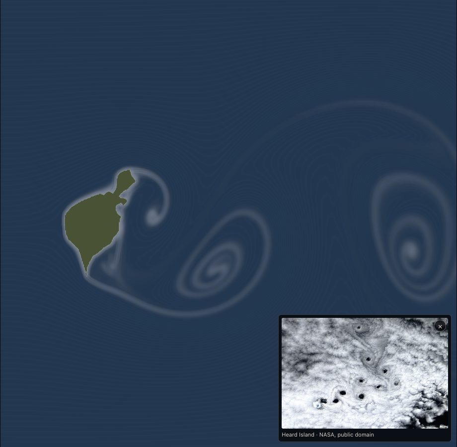 The wake behind Heard Island as Wind Tunnel draws it, the NASA photo of the real one laid over the lower right corner