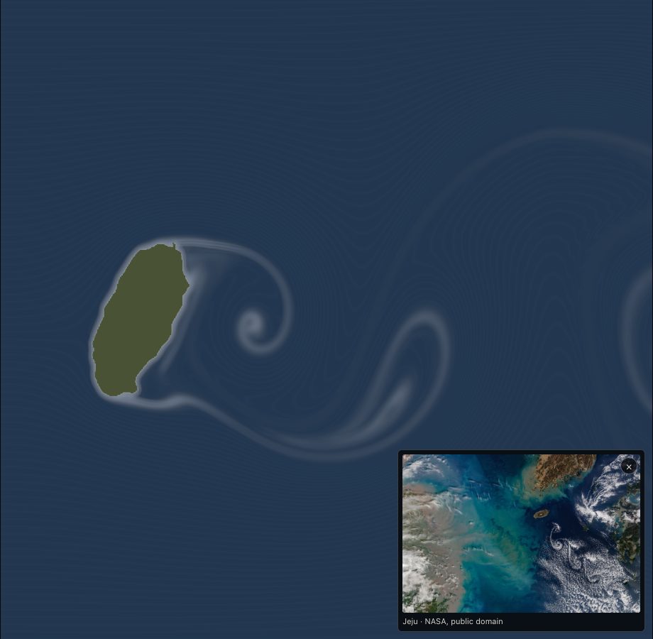 The wake behind Jeju as Wind Tunnel draws it, the NASA photo of the real one laid over the lower right corner