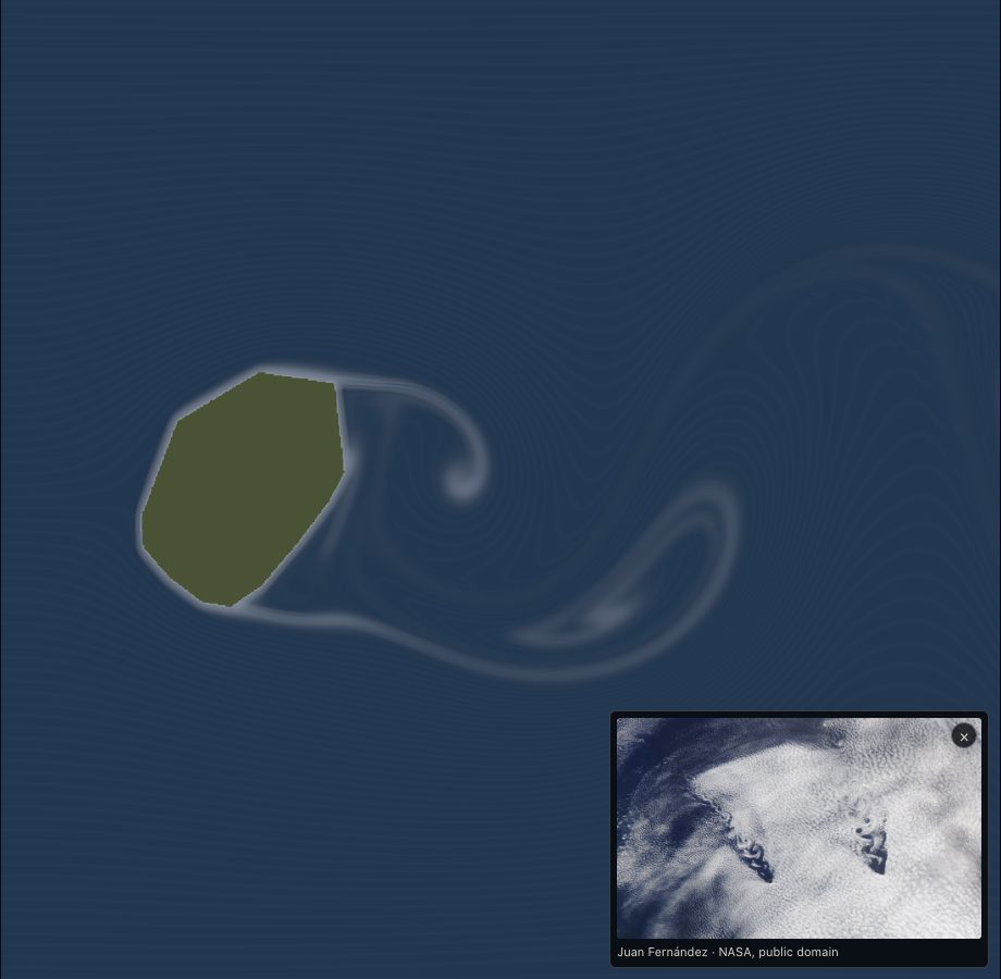 The wake behind Juan Fernández as Wind Tunnel draws it, the NASA photo of the real one laid over the lower right corner