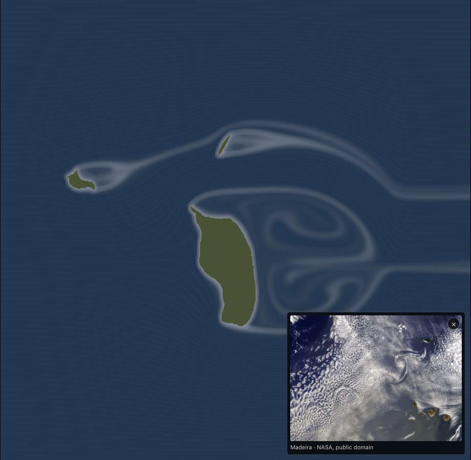 The wake behind Madeira as Wind Tunnel draws it, the NASA photo of the real one laid over the lower right corner