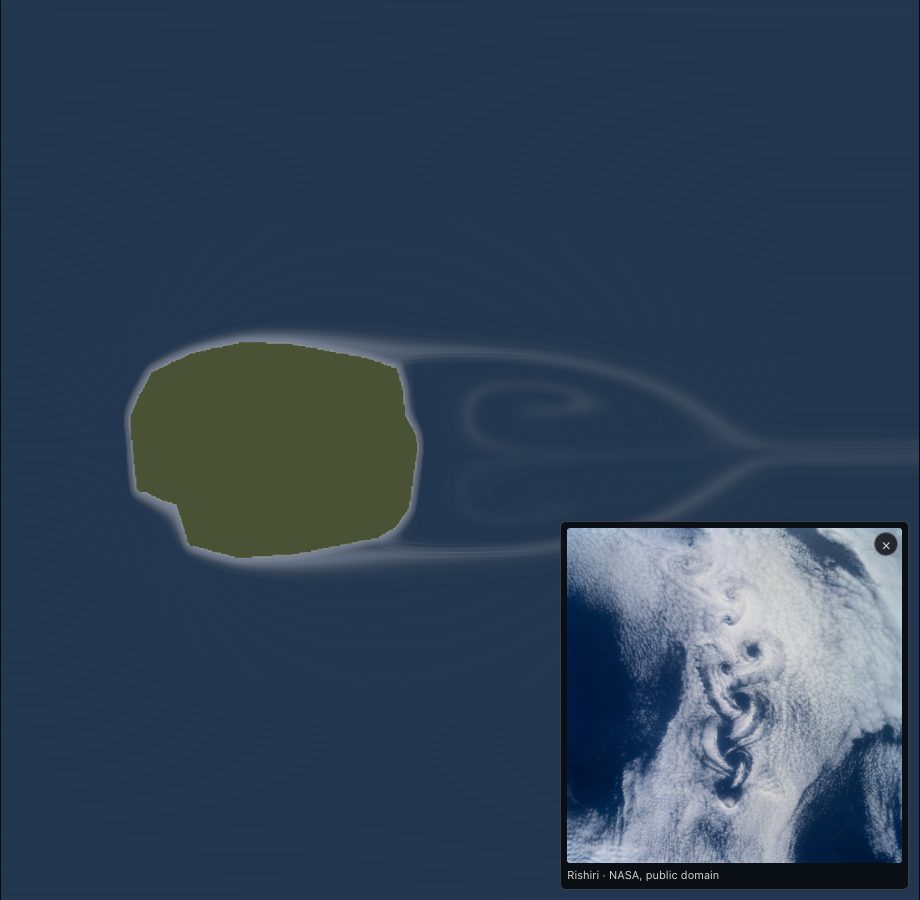 The wake behind Rishiri as Wind Tunnel draws it, the NASA photo of the real one laid over the lower right corner