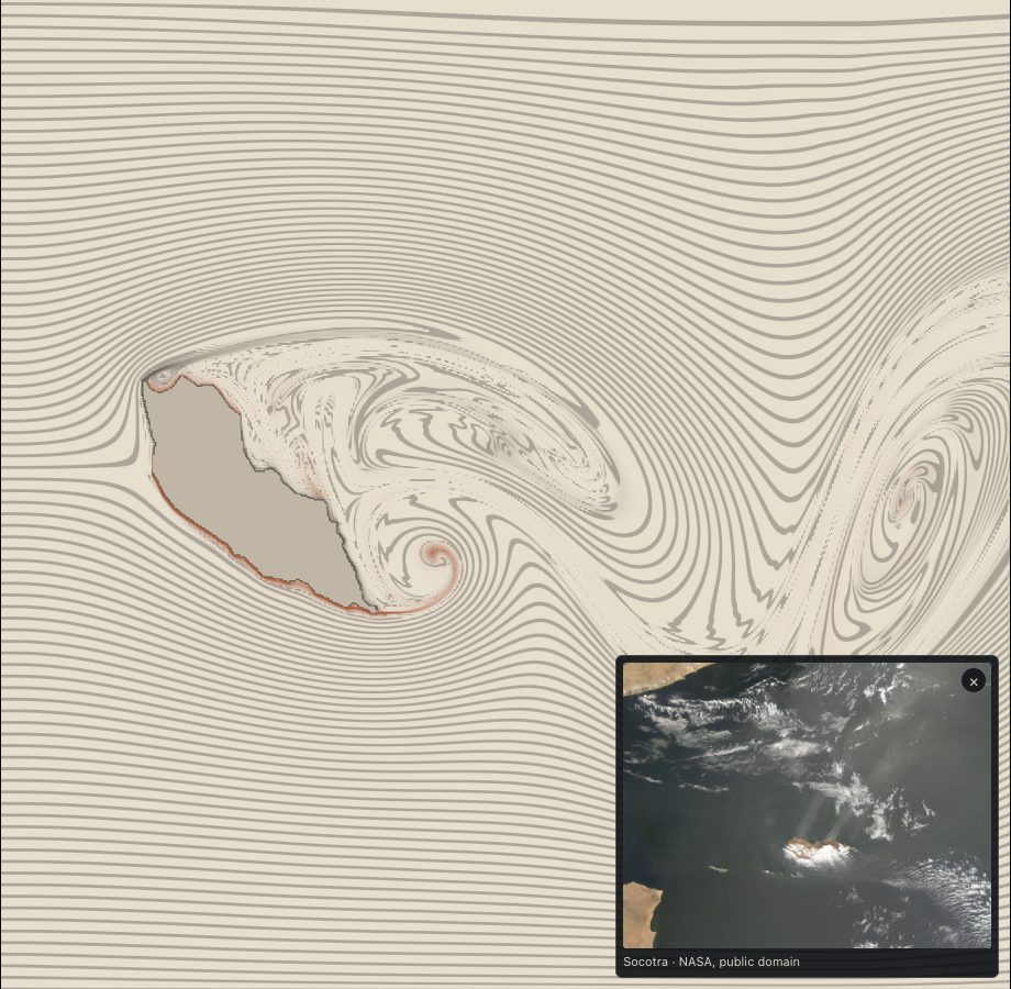 The wake behind Socotra as Wind Tunnel draws it, the NASA photo of the real one laid over the lower right corner