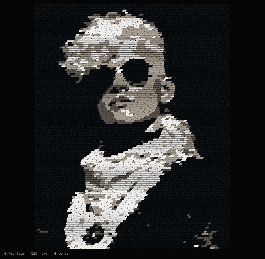 A young face with white curls and round dark glasses, built from slanted word tags that interlock in fine rows, cream and grey on black