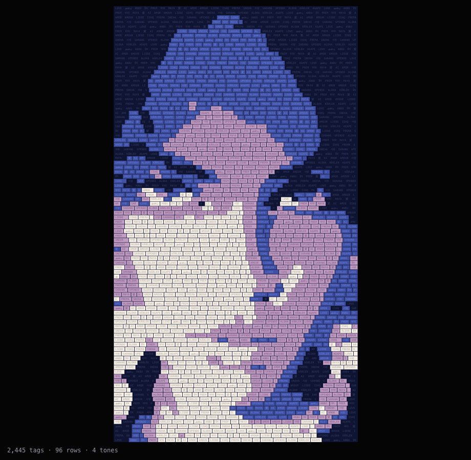 A face looking out, made of word tags in deep blue, violet, rose and cream, the word for love in many languages on the tags