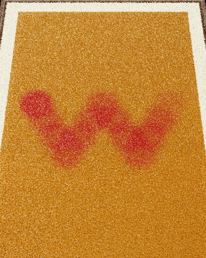A red zigzag dyed into the golden pile