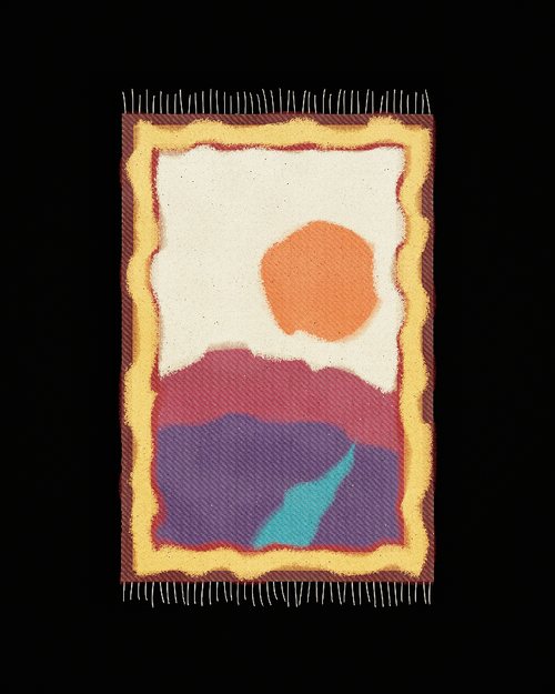 An image motif: a picture of a sun over hills woven into a rug