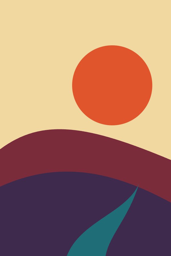 A flat-colour picture of an orange sun over red and purple hills with a river
