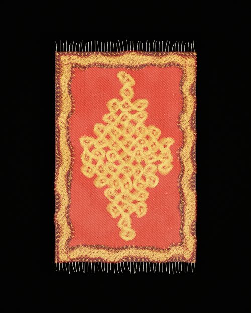 A kolam motif: looping ribbons woven around a grid of dots