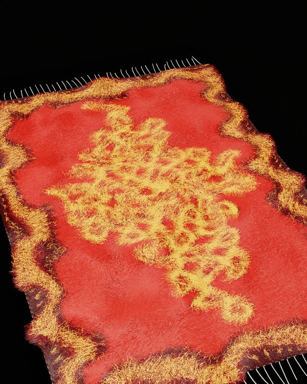 A tall-pile rug without carving; the motif is flat