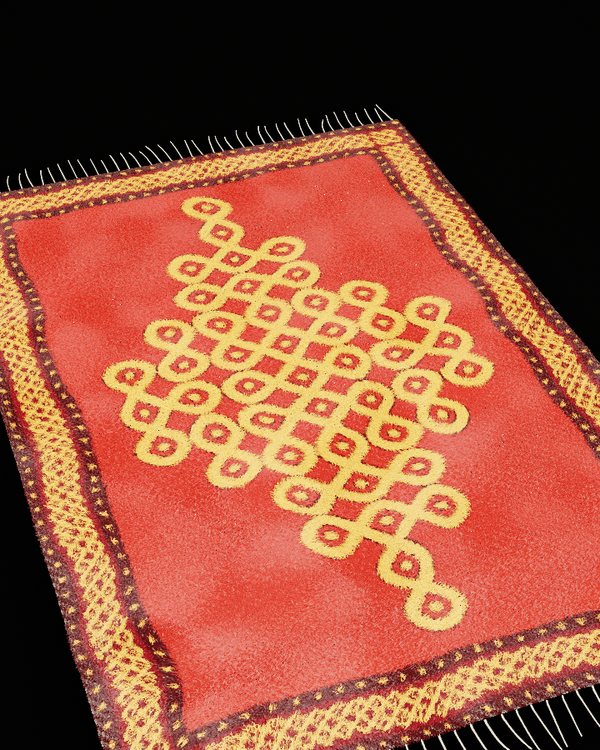 A rug with very short pile; the kolam is crisp