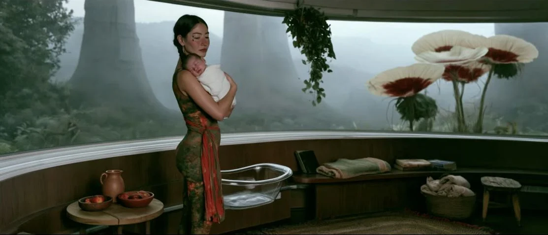 A woman holds a sleeping baby beside a curved window overlooking SAAKSHE’s forest and large flowers.